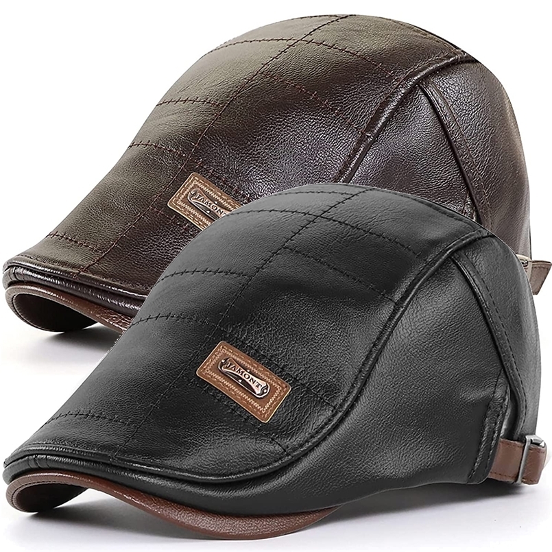 Berets Retro PU Leather Hats for Men Autumn Winter Faux Hat Middleaged Men's Visor Warm Flat ed Cap Adjustable 230214