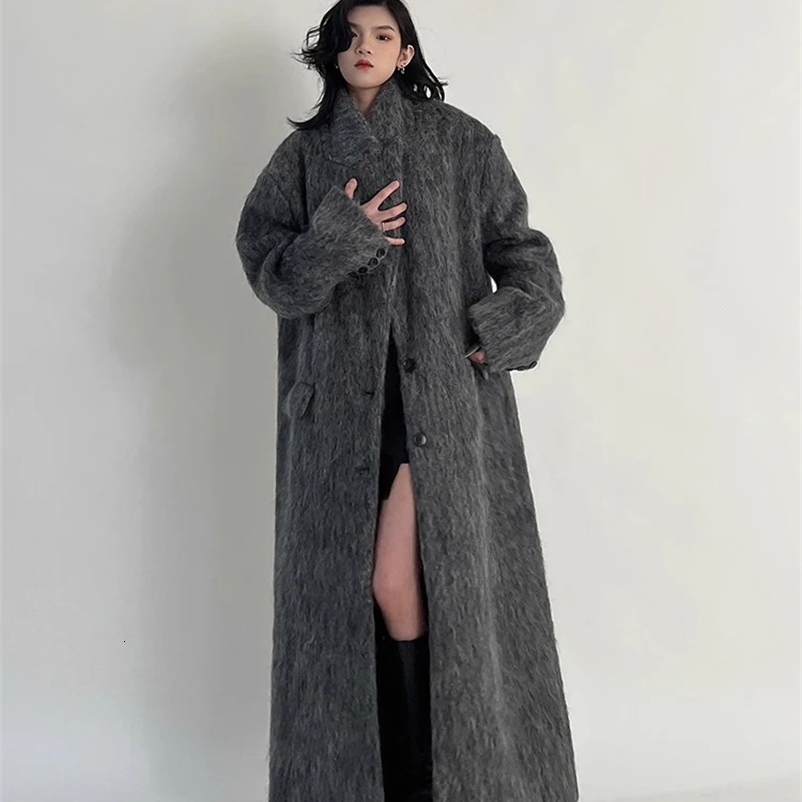 Lautaro Autumn Winter Clothes Women Oversized Extra Long Casual Warm Grey Wool Blends Coat Women Maxi Fluffy Woolen Overcoat 240830