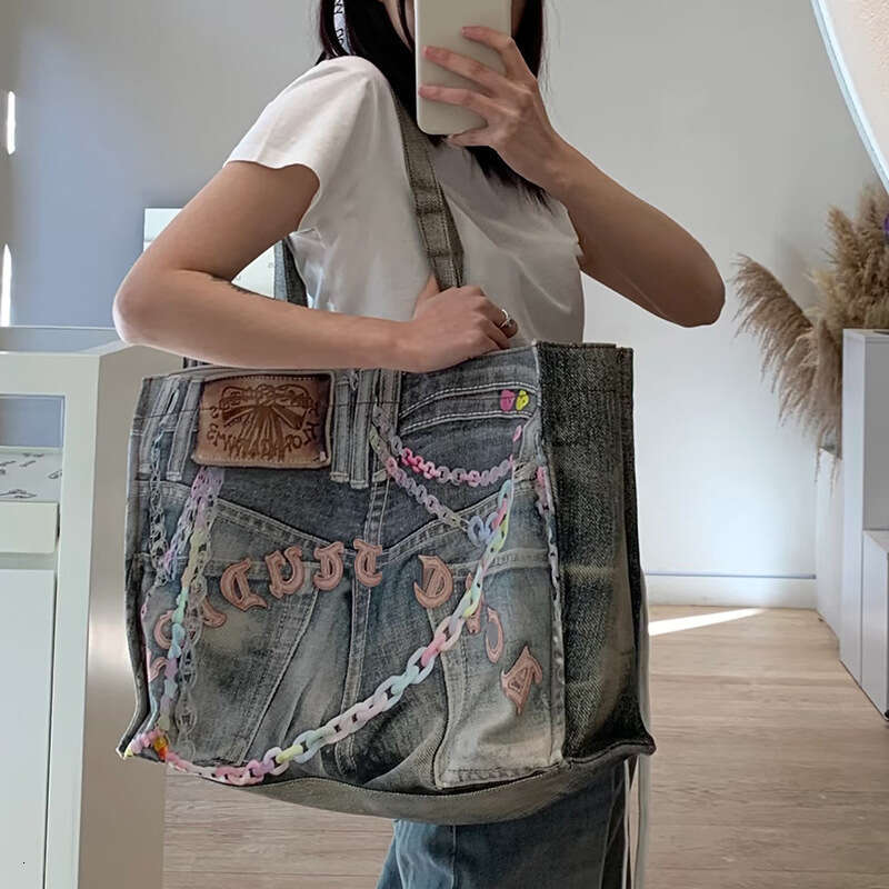 2025 Internet Celebrity Style Casual Fresh Printed Denim Handheld Shoulder Large Capacity Women's Tote Bag New