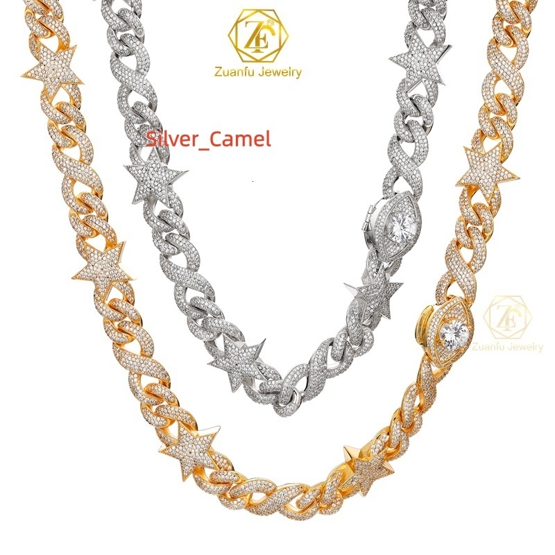 Hiphop Jewelry Ice Out VVS Moissanite 14mm Width 925 Sterling Silver Star Cuban Link Chain