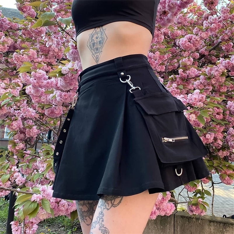 Skirts Harajuku Punk Gothic Black High Waist Black Skirts Women Sexy Patchwork Bandage Mini Female Streetwear Black Skirt 230615