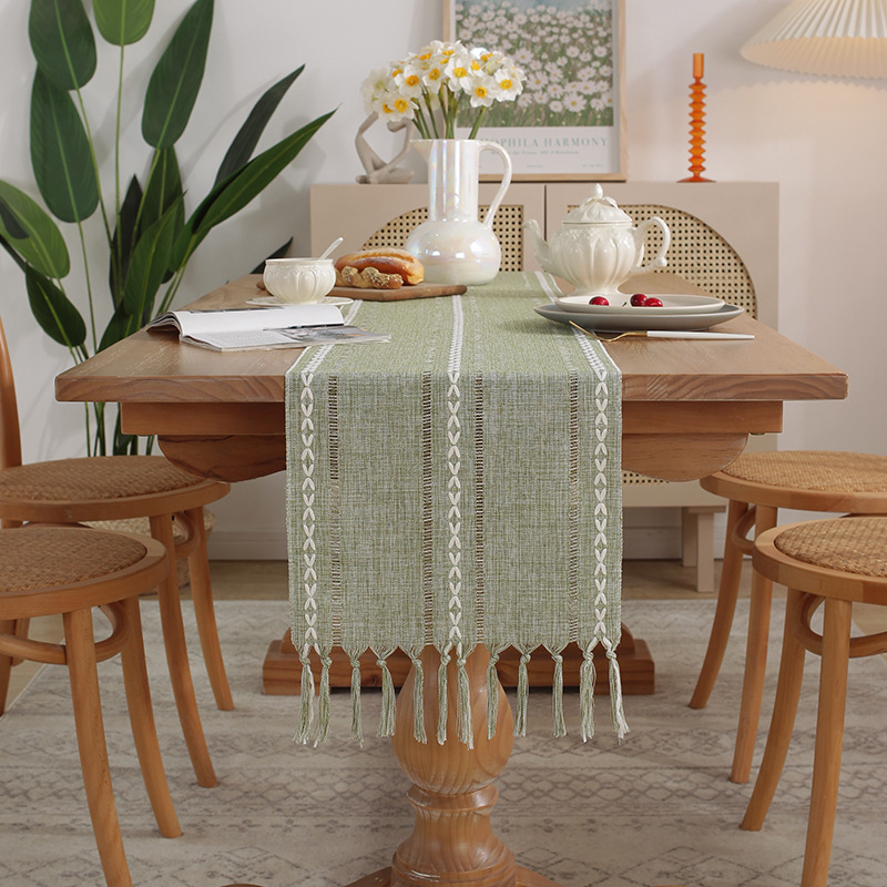 Chemin de table coton et lin, nappe, set de table, serviette artisanale à franges, couverture bout de lit, napperon pour table basse et armoire,