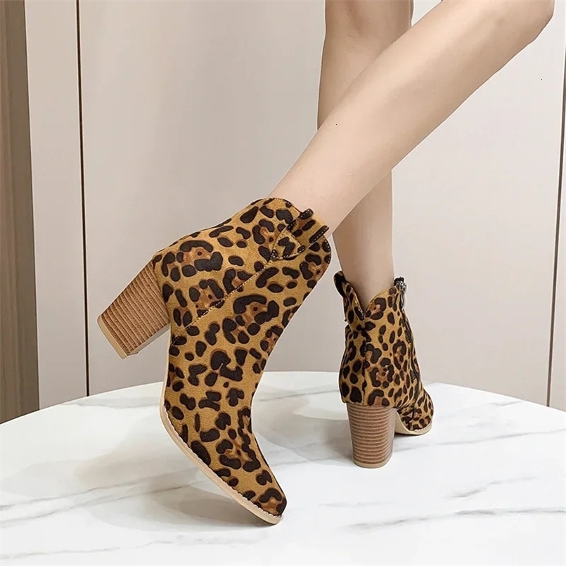 Sexy Womens Leopard Boots Flock Leather Pointed Toe High Heel Ankle Boots Side Zipper Autumn Womens Boots 241113