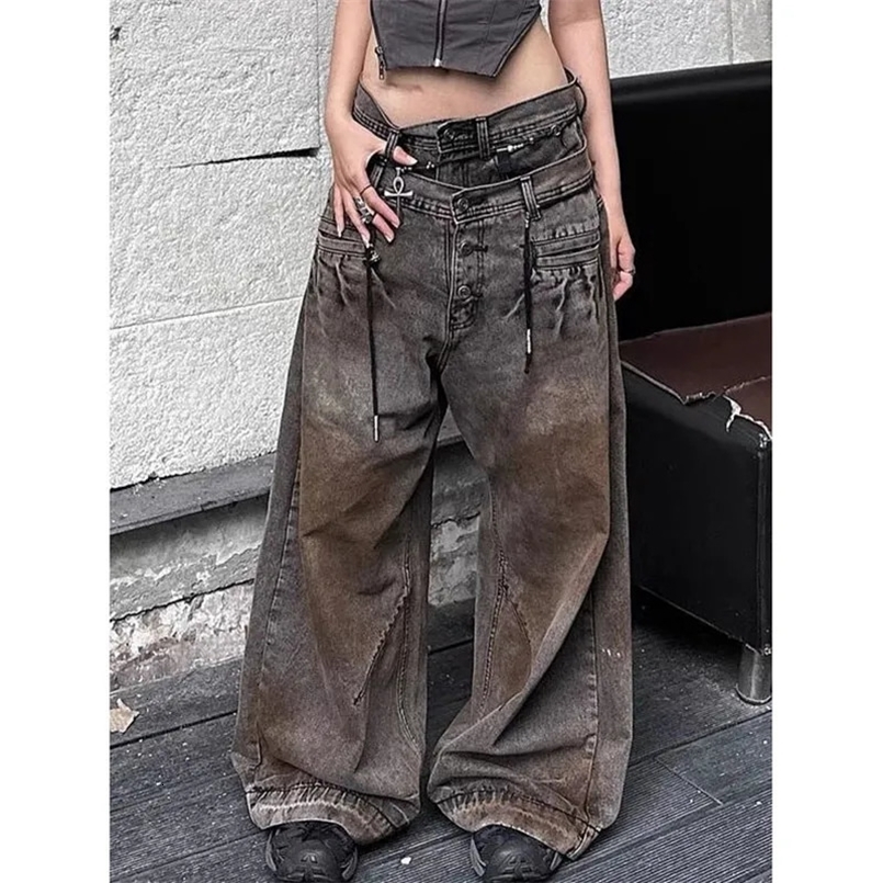 Womens Casual Style Vintage Aesthetic Jeans Mop Loose Washed Pants Winter Y2K Wide Leg Punk Baggy Harajuku Denim Trouser 250303