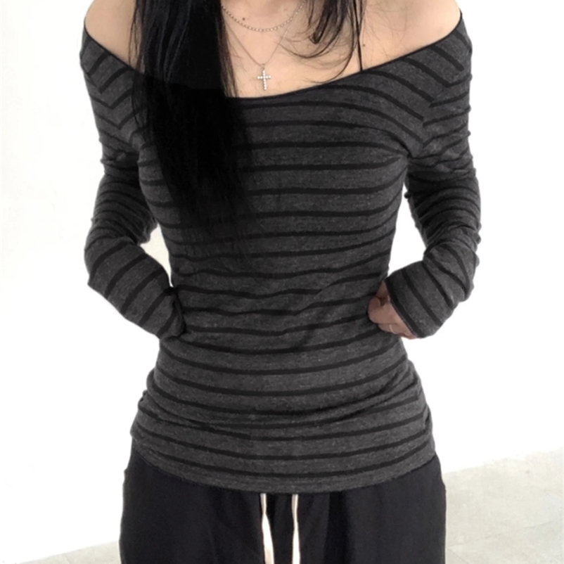 Japanese basic ultra-thin long sleeved striped T-shirt shoulder O-neck Korean street style Spring and Autumn Y2K gray T-shirt womens 241017bj