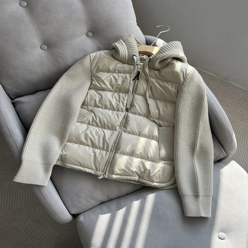 Lagabogy autumn and winter knitted patch work white goose down jacket womens brushed hooded warm lightweight inflatable jacket 241112