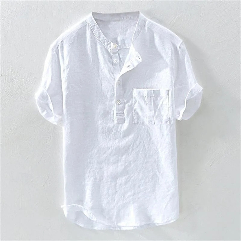 Hawaiian mens Henry V-neck short sleeved pocket top solid color fashionable mens top 100% pure cotton linen mens T-shirt 240819bj