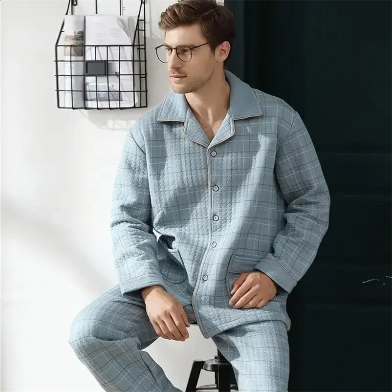 Fall Winter Thicken Mens Pajama Sets Simple Warm Sleepwear Cotton Top Pant Leisure Outwear Soft Plus Size Loungewear 2024250403bj