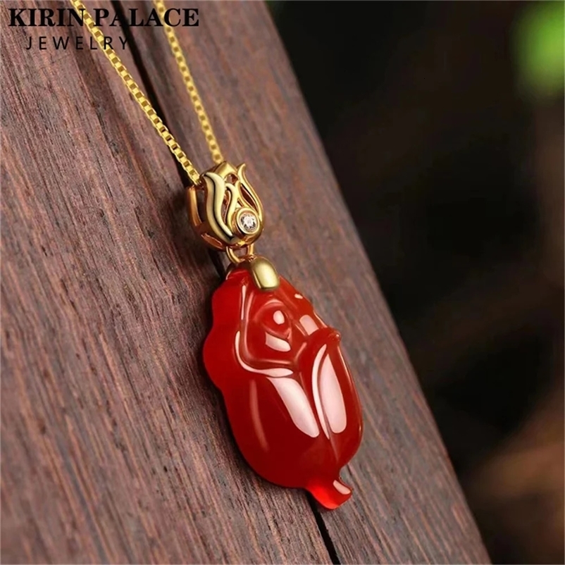 Natural Red Agate Pendant Real 18K Gold Necklace Pendant Rose Flower Pure Au750 Anniversary Gift For Women Fine Jewelry 240125bj