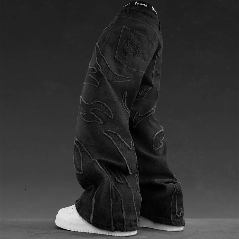 Street Retro Raw Edge Embroidery Black Jeans for Men Y2k Fashion Hip Hop Baggy Patchwork Denim Pants Women High Waisted Trousers 240819
