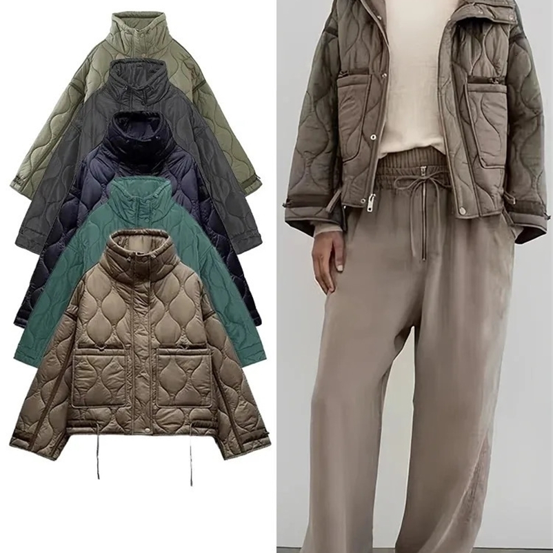 TRAF Womens Warm Cotton Jacket Autumn/Winter Stand up Collar Long Sleeve Front Zipper Button Retro Jacket 240924bj