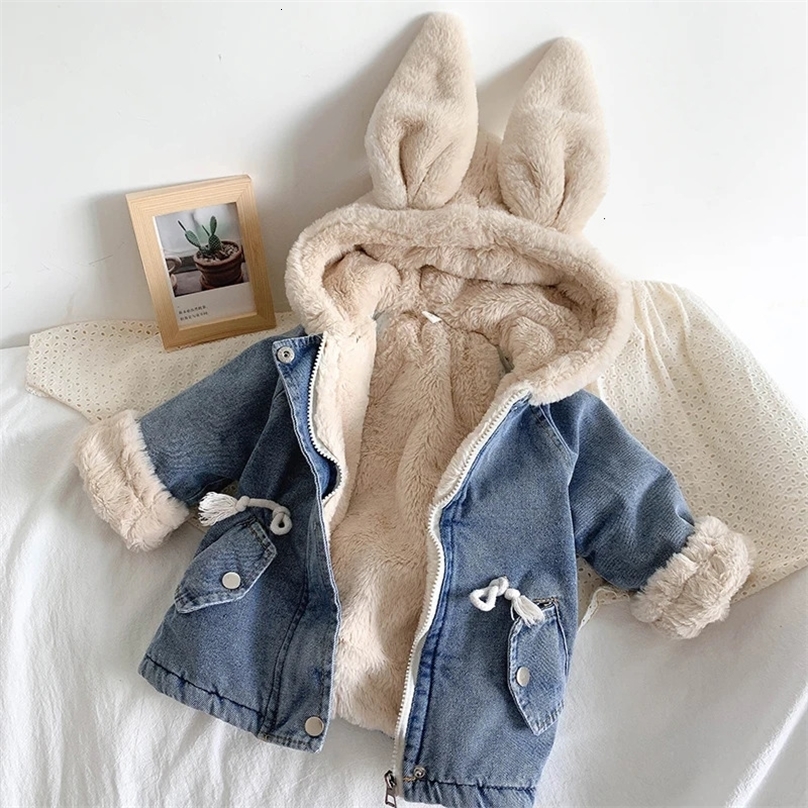 Down Coat Kids Girls Furs Hooded Coats Plus Velvet Thick Denim Children Snow Clothes Long Parkas Warm Outfits Clothing 2 8Year 231218