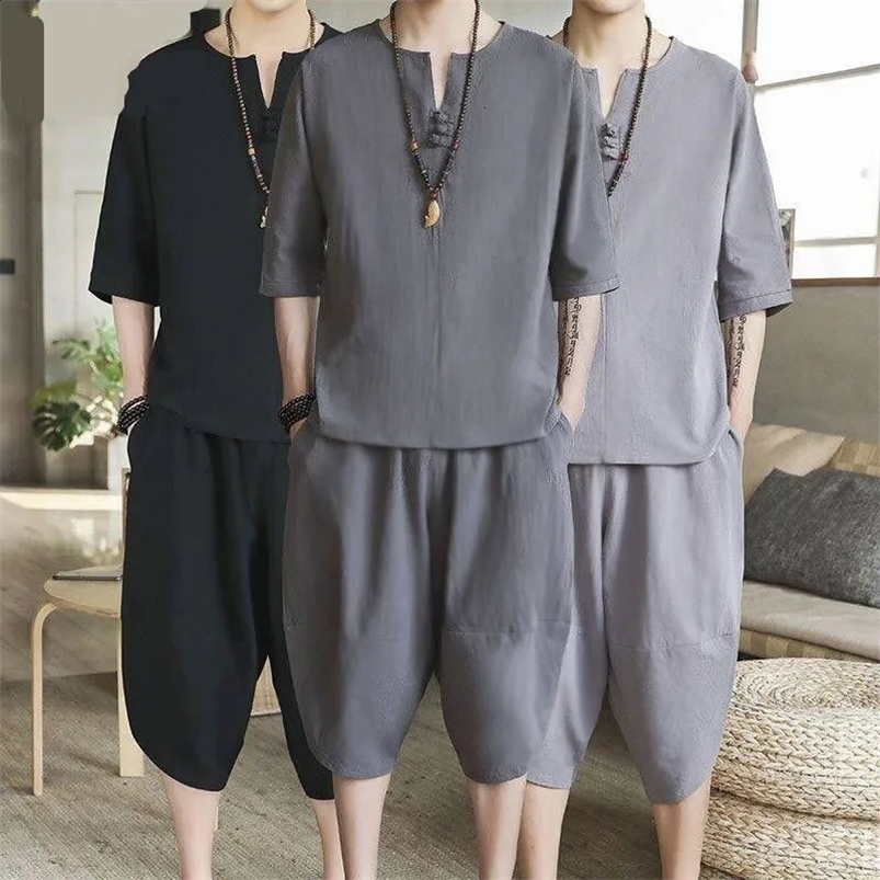 Prowow Summer Mens Linen Set Chinoiserie Large Loose Capris Casual Tang Suit Cotton Linen Two Piece Set for Men 240819
