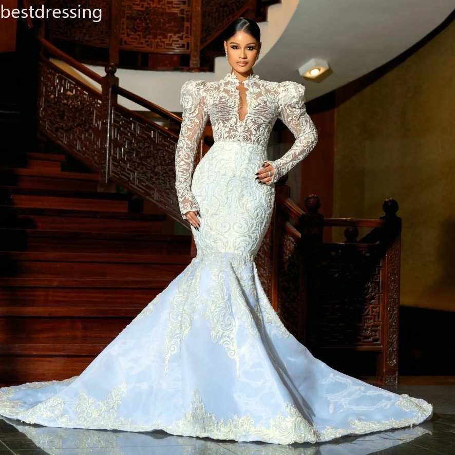 Modest Aso Ebi 2025 White Mermaid Wedding Dresses Beaded Lace Vintage Long Sleeves Bridal Gowns Dress 0923