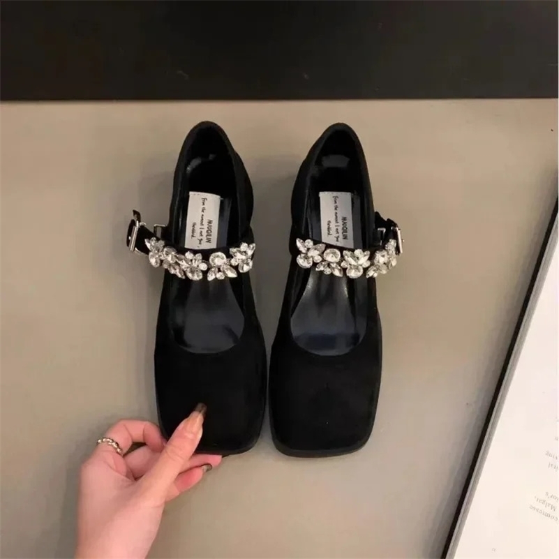 Womens Fashion High Heel Single Shoes Autumn Square Head Shallow Mouth Rhinestone Thick with Temperament Mary Jane Shoes 250220
