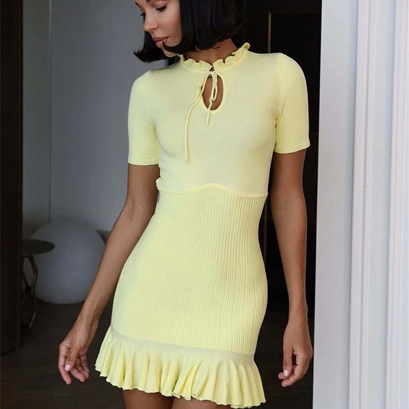 Mozision Summer Short Sleeve Ruffle Mini Dress Women Sweater Pullover Elegant Fashion Hollow Out Ribbed Slim High Waist Dress 250422