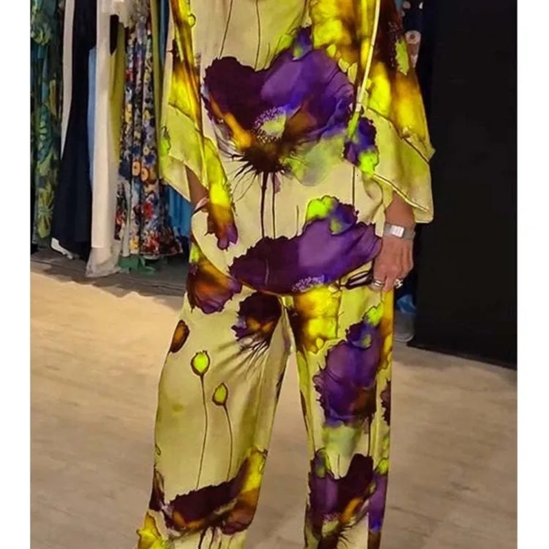 Casual Sets for Women 2 pieces Summer Fashion Printed Satin Two Piece Sets Women Sexy Round Neck TopWide Leg Long Pants Outfits 250305
