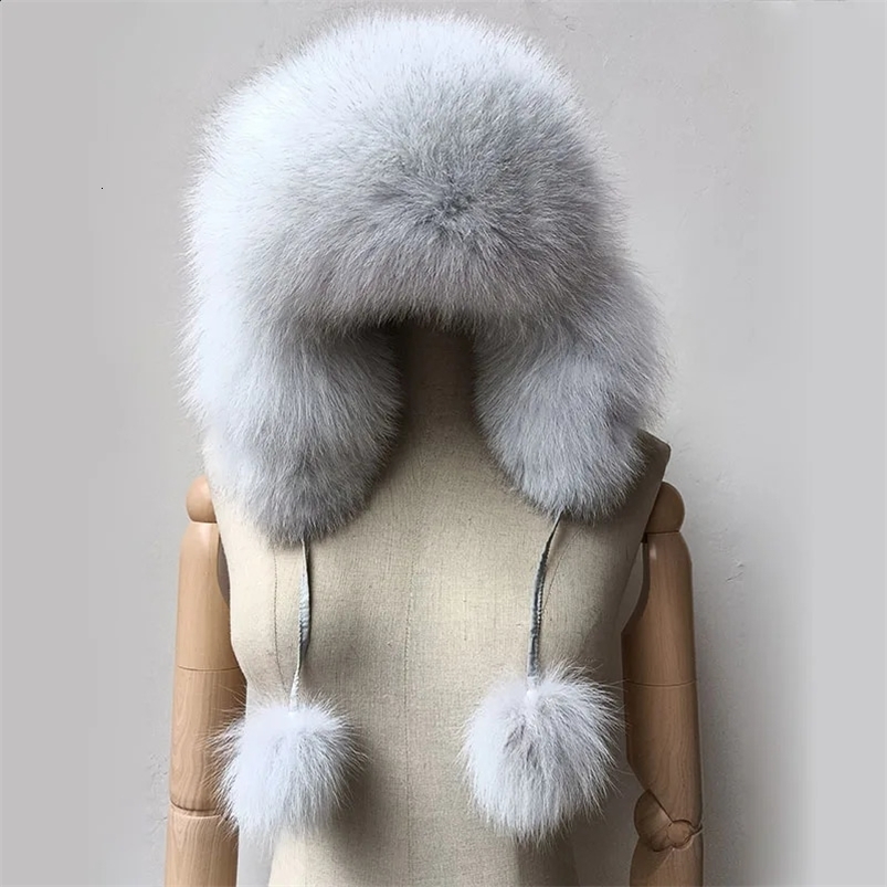 Real Women Fox Fur Hat With earflap Warm Winter Ladies Thick Real Raccoon Fur Hats Russia Geunine Fox Fur Cap 240910