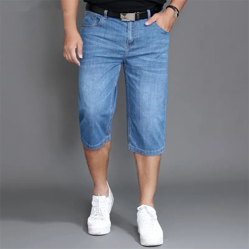 Summer Jeans Shorts Mens Denim Elastic Stretched Thin Short Jean Oversized Plus Light Blue 42 44 48 Male Calf Length Trousers 240327