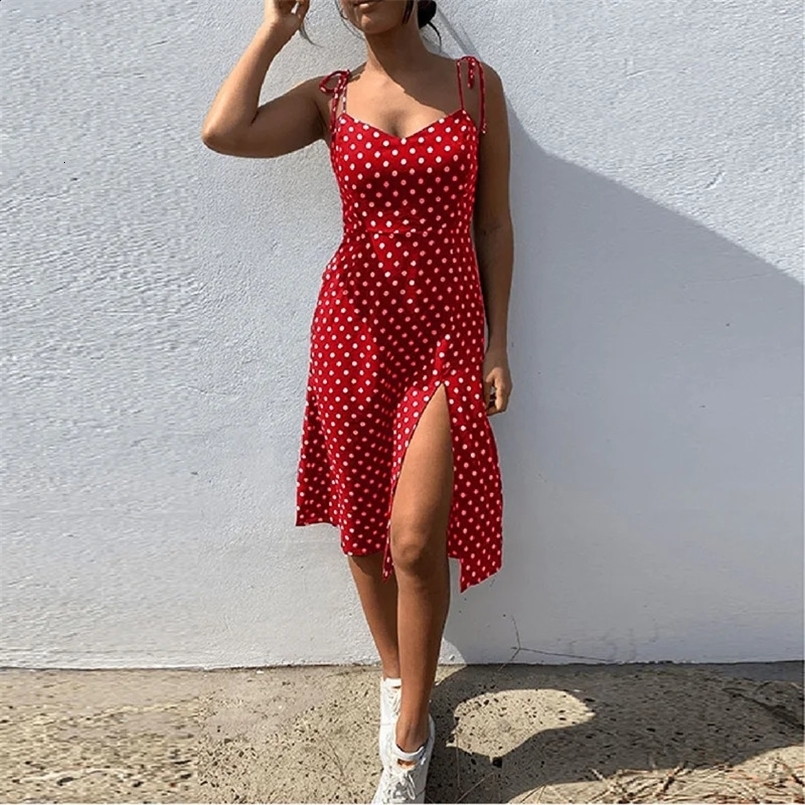 Dresses Sundress Summer Women Causal Polka Dot Sleeveless High Pleated elastic waist V-Neck Beach Dress Vestidos De Verano 250422