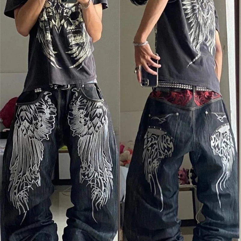 Y2K pattern printing American retro Harajuku fashion hip-hop trend street casual jeans straight personality versatile jeans 240708