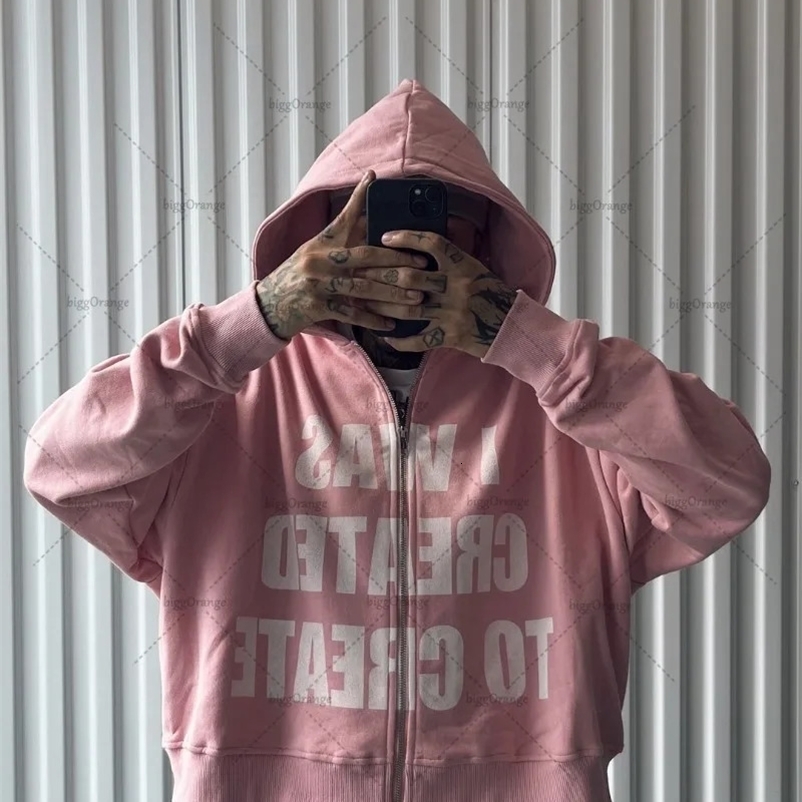 Trendy Street Trend Clothing Hip-hop Punk Style Letter Print Zipper Hoodie Men Pink Casual Retro Oversized Sweatshirt 250214