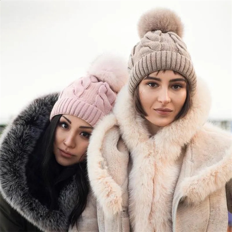 BeanieSkull Caps Autumn winter womens hat big hair ball plus velvet beanie caps outdoor warm knit hats solid satin bonnet gorros mujer invierno 2311