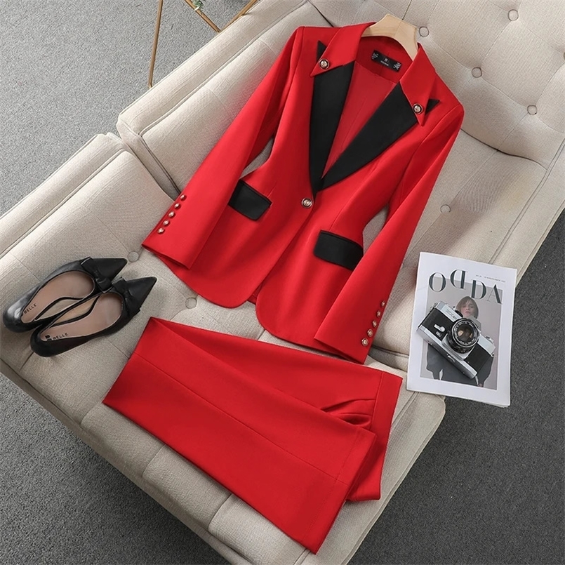 Fashion Red Black Beige Women Pant Suit 2 Piece Office Ladies Female Business Work Wear Formal Blazer Jacket And 250226