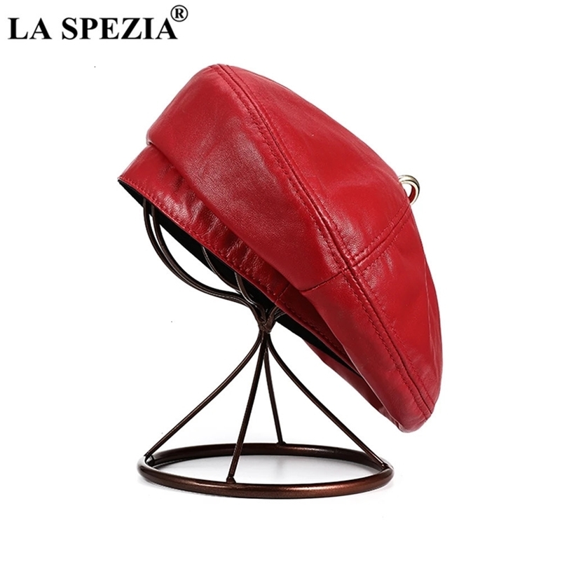 LA SPEZIA Women Beret Hat Vintage Red Womens Hats Genuine Leather Sheepskin Solid Blue White Black Autumn Winter 240603bj