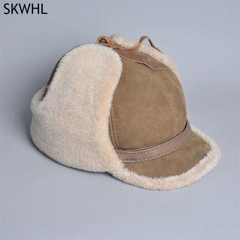 High Quality 2024 Winter Leather Hat Men Fur Lamb Wool Warm Thick Earflaps Bomber Hats Mens Baseball Cap Russian Hat 241227