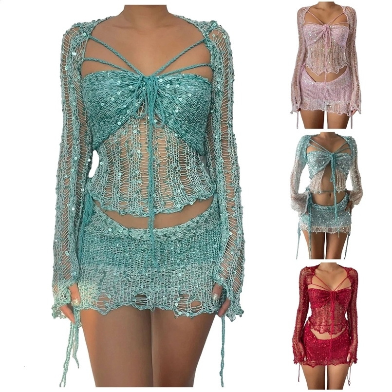 Sexy Crochet Knitted Two Piece Skirt Sets Ladies Bandage Crop Tops And Mini Skirt Elegant Hollow Out Sequin Women Outfits 250411
