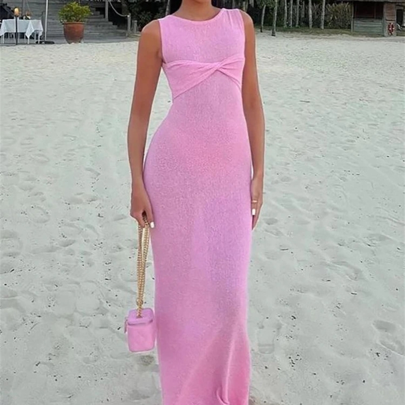 Fantoye Knitted Round Neck Ruched Women Maxi Dress Pink Sleeveless See Through Dress Femme Summer Skinny Elegant Party Beachwear 240828