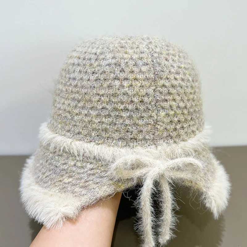 Mink Fur Knitted Fisherman Hat Women Autumn and Winter Ear Protection Warm Basin Hat Bow Bucket HatXJ250923