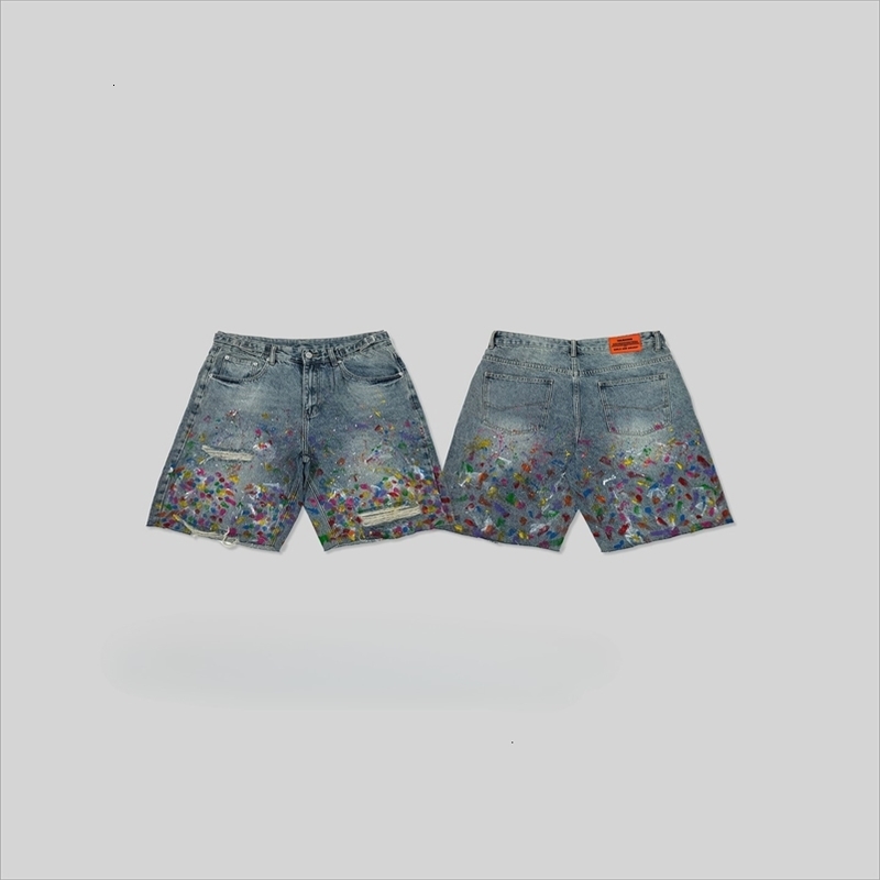 Y2K Hip Hop Streetwear Printed Paint Splattered Denim Shorts Retro Blue Baggy Jeans Mid Waist Men and Woman Clothing 250919