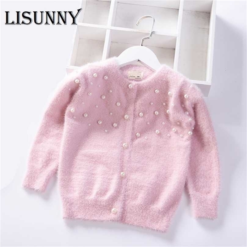 Autumn Winter Pearl Solid warm Girls Sweater Baby Princess mink velvet knit Cardigan jacket Kids Clothes Children Clothing 211104