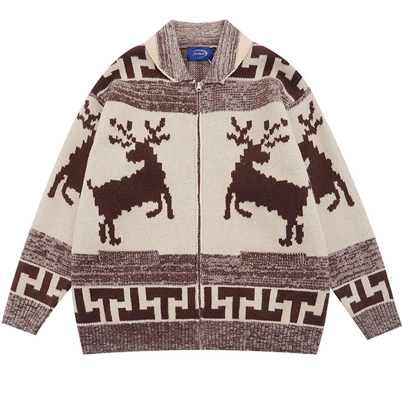 Hip hop reindeer jacquard cardigan Y2K retro knitted punk gothic streetwear skydiving mens Harajuku fashion zipper cardigan 241126
