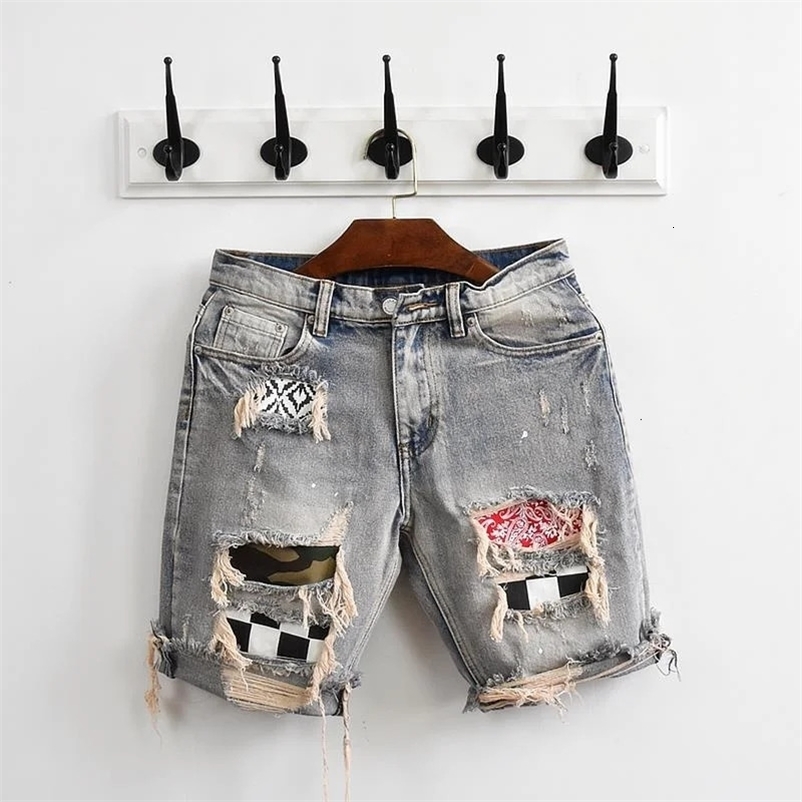 Summer denim shorts mens personality beggar patch hole patch slimming fashion label versatile Korean version trendy 240327