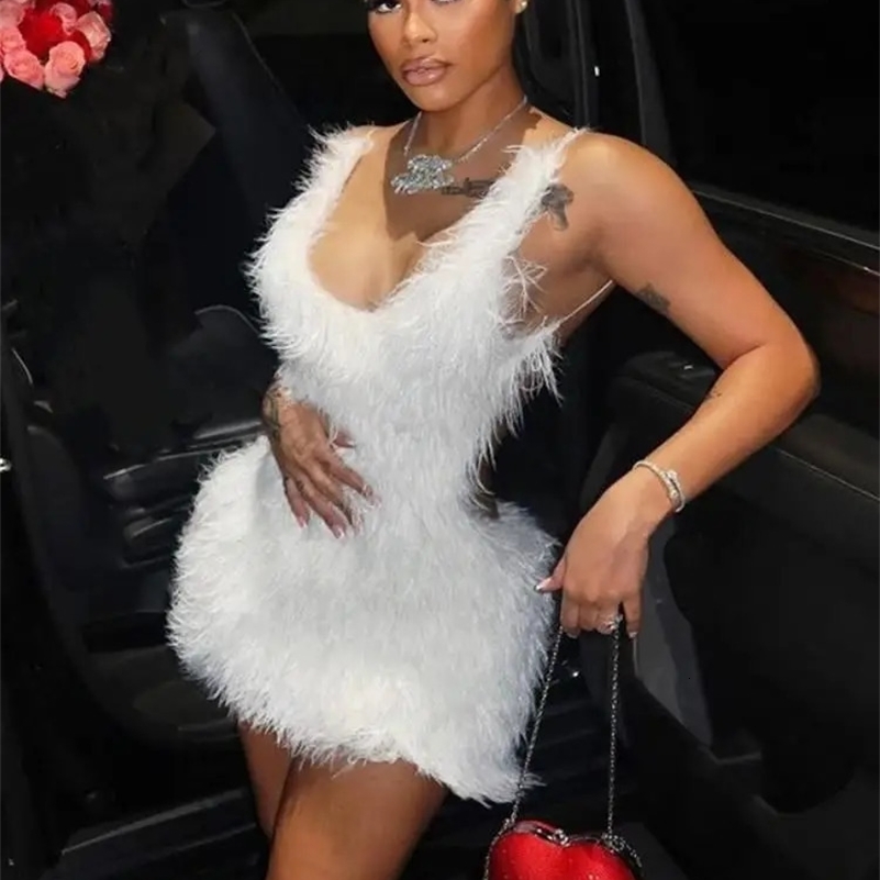 Joskaa Sexy Furry Mini White Dress Women Hipster Spaghetti Strap Low Cut Backless Body-Shaping Vestidos Birthday Party Clubwear 250519