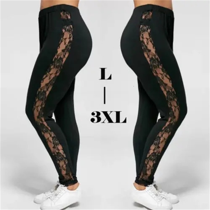 L-3XL Plus Size Trousers For Women Fashion Casual Black Slimming High Waist Lace Patchwork See Through Leggings Pants 250226