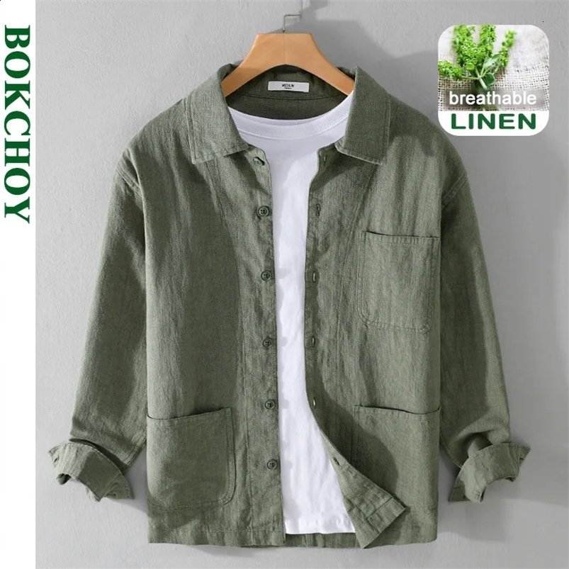 Spring Autumn Solid Color Casual Long Sleeve Shirts for Men Clothing Cotton and Linen Soft Streetwear FY9796 240816