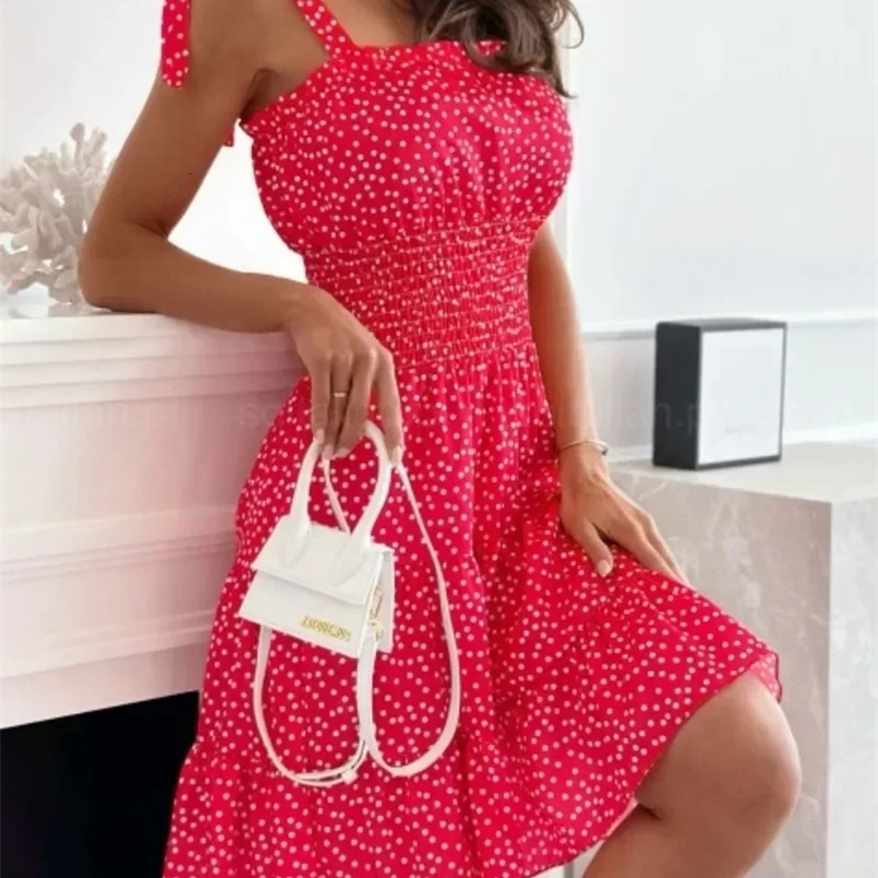 Womens Autumn S-XXL Printed Sleeveless Suspender Elegant Casual Polka Dot Pleated Edge Fashionable Slimming Dress 250422