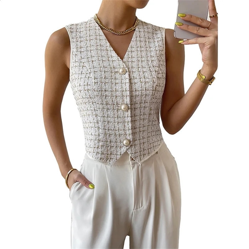 Womens white tweed jacket vest V-neck small fragrant sleeveless vest 240823