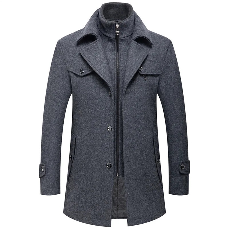 Winter Men Slim Fit Wool Trench Coats Fashion Middle Long Outerwear Mens Double Collar Zipper Solid Color Casusal Woolen Coats 241223bj