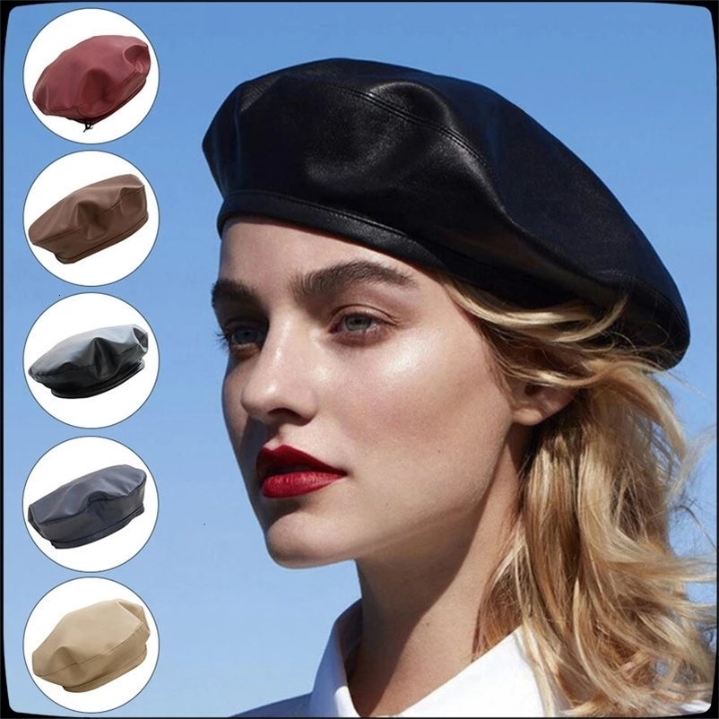 Women Fashion Beret Solid Cap Pu Leather French Artist Warm Beanie Hat Female Ladies AllMatch Adjustable 240603bj