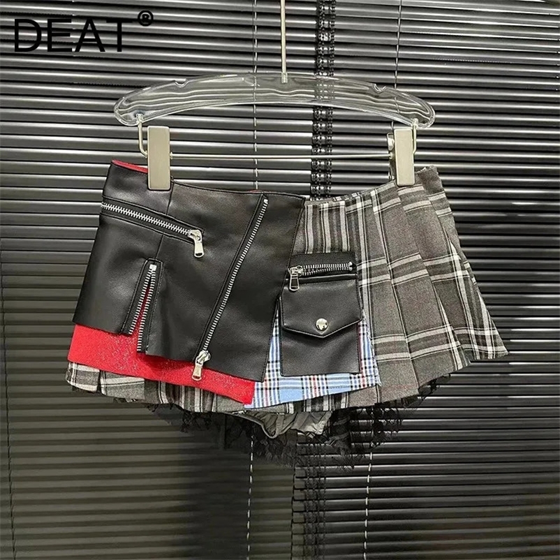 DEAT 2024 Summer Patchwork Plaid Irregular Pleated Mini Skirt For Women Zipper Pockets Lace Skirts Female 29L7565250324bj