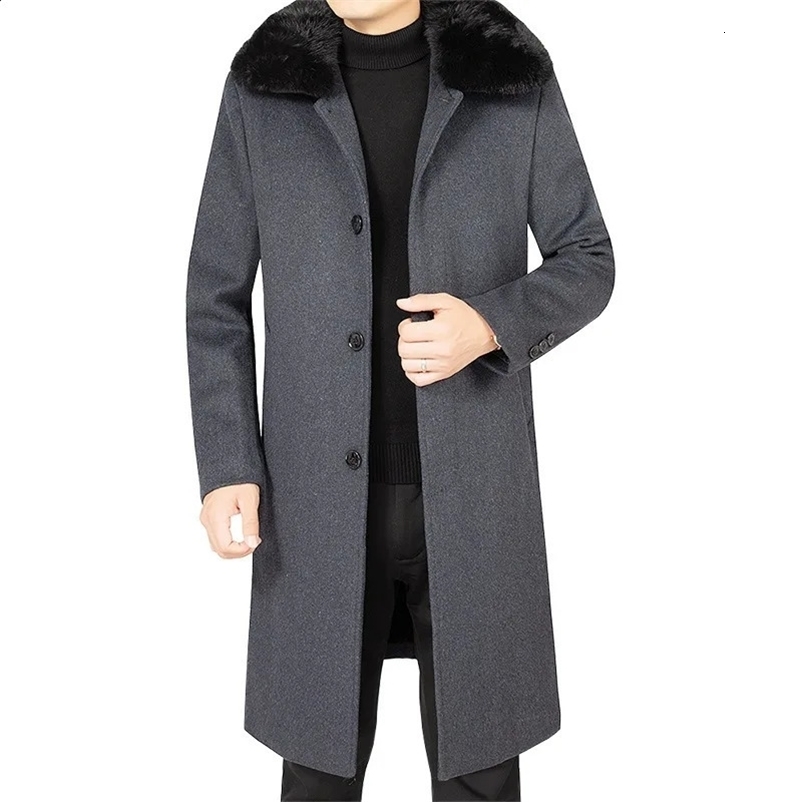 Winter Men Fleece Fur Collar Woollen Overcoats Cashmere Long Jackets Trench Coats Quality Male Thicker Warm Coat Wool Blends 250102bj