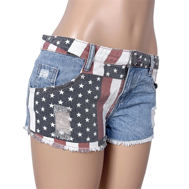 Women Low-Waist Shorts American Flag Jeans Mini Denim Shorts Hole Ripped Pockets Short Pants WomenS Ultra Short Pants 250113