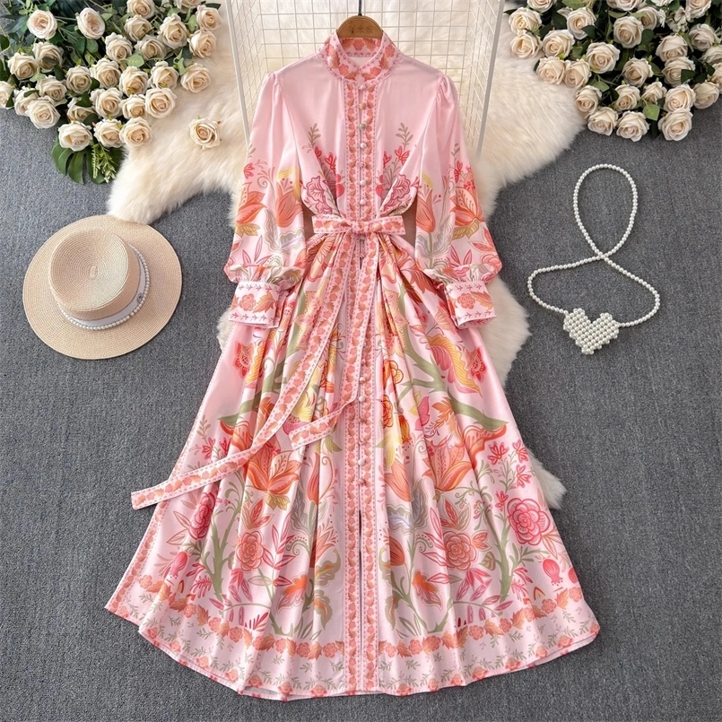 Elegant Pink Floral Holiday Robe Dress Women Spring Summer Stand Long Lantern Sleeve Sashes Linen Long Vestidos Clothes 2057 250322