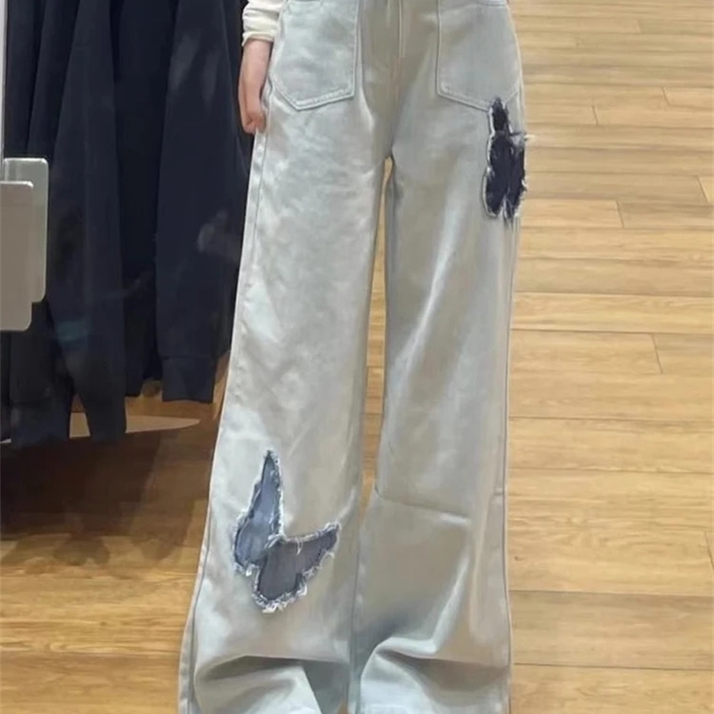 Woman High Waist Butterfly Y2k Straight Leg Jeans Female Oversized Loose Denim Wide Leg Pants Girls Korean Light Blue Trousers 240708