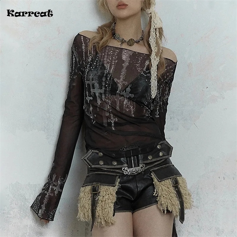 Karrcat Gothic Black Mesh Top Womens Grunge Aesthetic Off Shoulder Graphic Crop T-shirt See Through Garbage Y2k 2000 T-shirt 241017bj